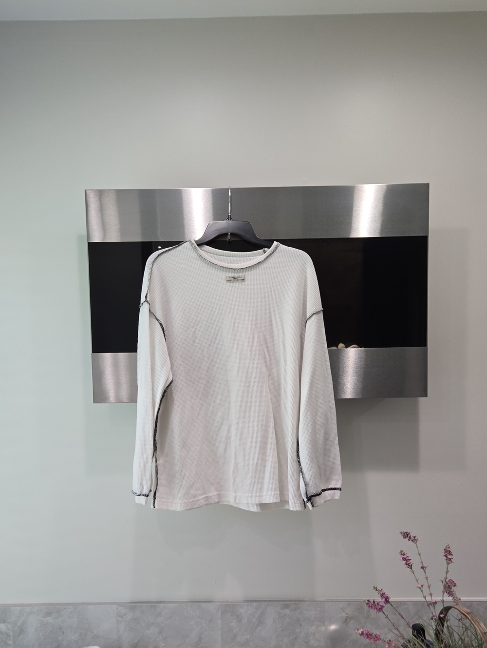 White Long-Sleeve  Shirt with Contrast Stitching